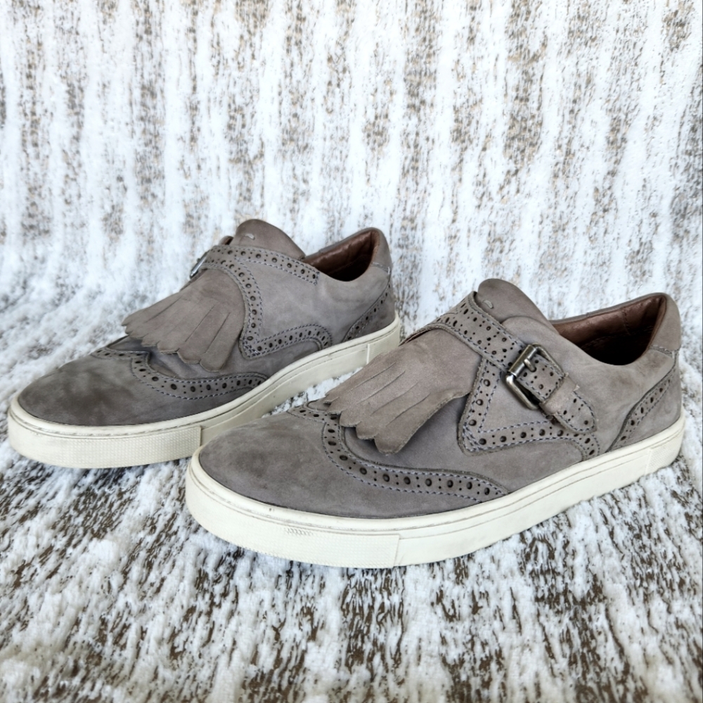 Frye "Gemma Kiltie" Gray Suede Wingtip Fringe Slip On Sneaker | Women's Size 7 - Picture 2 of 11